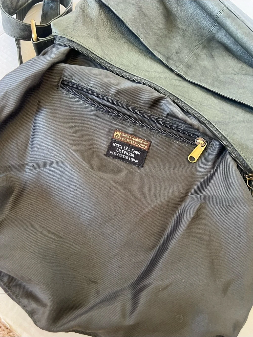 Great American LeatherWorks Slate Green Washed Leather Multi-Pocket Hobo Bag